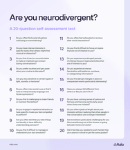 List of 20 signs that could indicate that you&#039;re neurodivergent. List includes often finding social situations overwhelming, having intense interests that others might find unusual or obsessive, and finding it hard or uncomfortable to maintain eye contact during conversations.