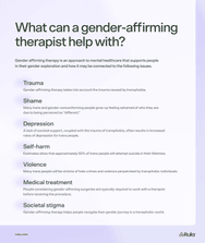 Graphic listing things that a gender-affirming therapist can help with. List includes trauma, shame, depression, self-harm, violence, medical treatment, and societal stigma.