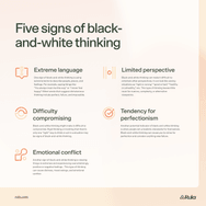 Graphic showing a list of five signs of black-and-white thinking, and how to recognize them.