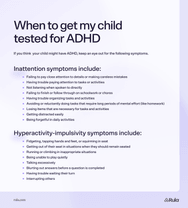 A list of symptoms that could point to ADHD in children. Includes list of hyperactive and inattentive symptoms.