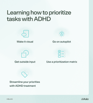 Image is a graphic titled &quot;Learning how to prioritize tasks with ADHD&quot;. The graphic includes the points: &quot;Make it visual&quot;, &quot;Go on autopilot&quot;, &quot;Get outside input&quot;, &quot;use a prioritization matrix&quot;, and &quot;Streamline your priorities with ADHD treatment&quot;. The graphics colors are white and fern green.