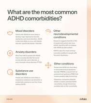 Graphic showing the most common ADHD comorbidities. Examples include mood disorders, anxiety disorders, substance use disorders, other neurodevelopmental conditions, and other conditions.