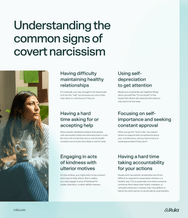 Graphic that lists six common signs of covert narcissism, including having difficulty maintaining relationships, using self-deprecation to get attention, and having a hard time asking for or accepting help.