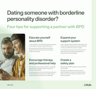 Graphic listing four tips for supporting a partner with BPD. This include educating yourself about BPD, expanding your support system, encouraging therapy and professional help, and creating a safety plan.