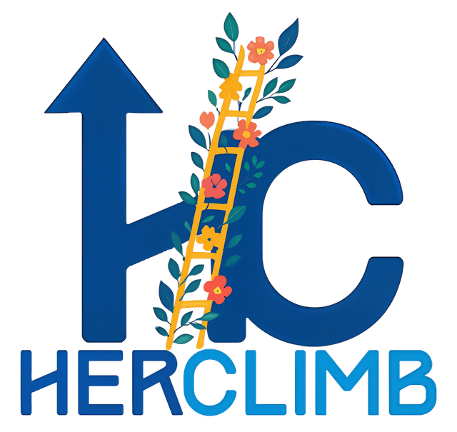 Blue "HC" logo with an upward arrow, floral-decorated ladder, and the text "HERCLIMB" below.
