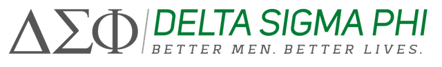 Delta Sigma Phi logo with Greek letters ΔΣΦ and the motto "Better Men. Better Lives." in green and gray.