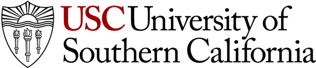 USC logo featuring the emblem with torch symbols and text "University of Southern California" in black and red.