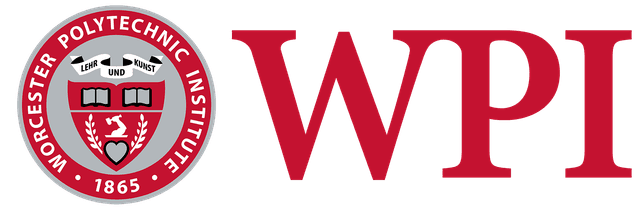 Worcester Polytechnic Institute logo featuring a red and gray seal with books, a gear, and the motto "Lehr und Kunst," established 1865.