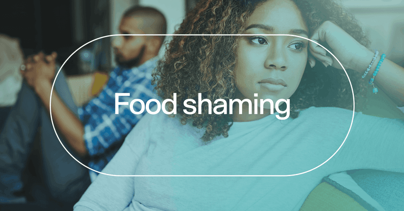 woman avoiding a meal with text 'Food shaming'