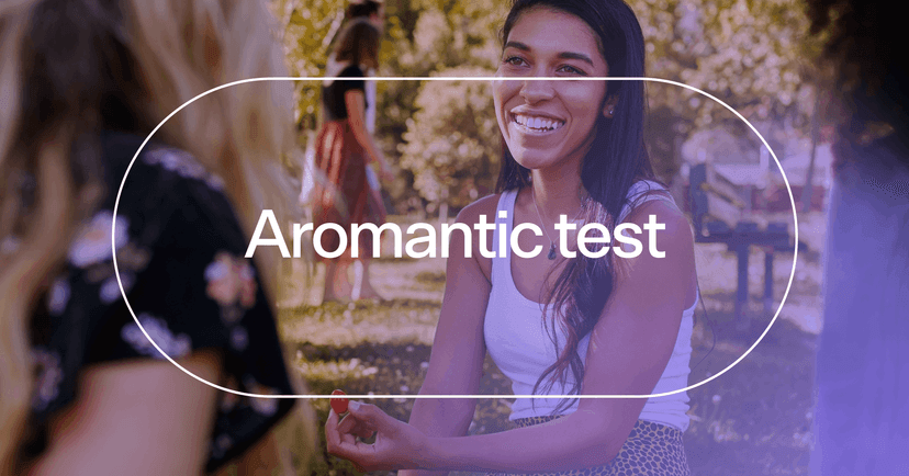 woman asking her friend for perspective with text 'Aromantic test'