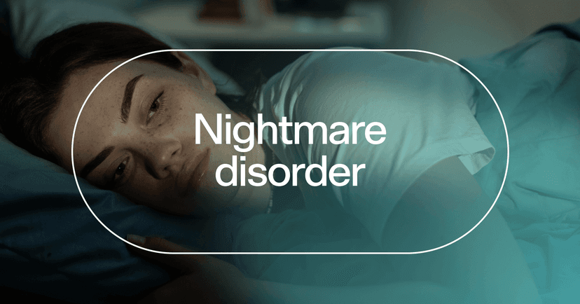 woman awake and experiencing distress with text 'Nightmare disorder'