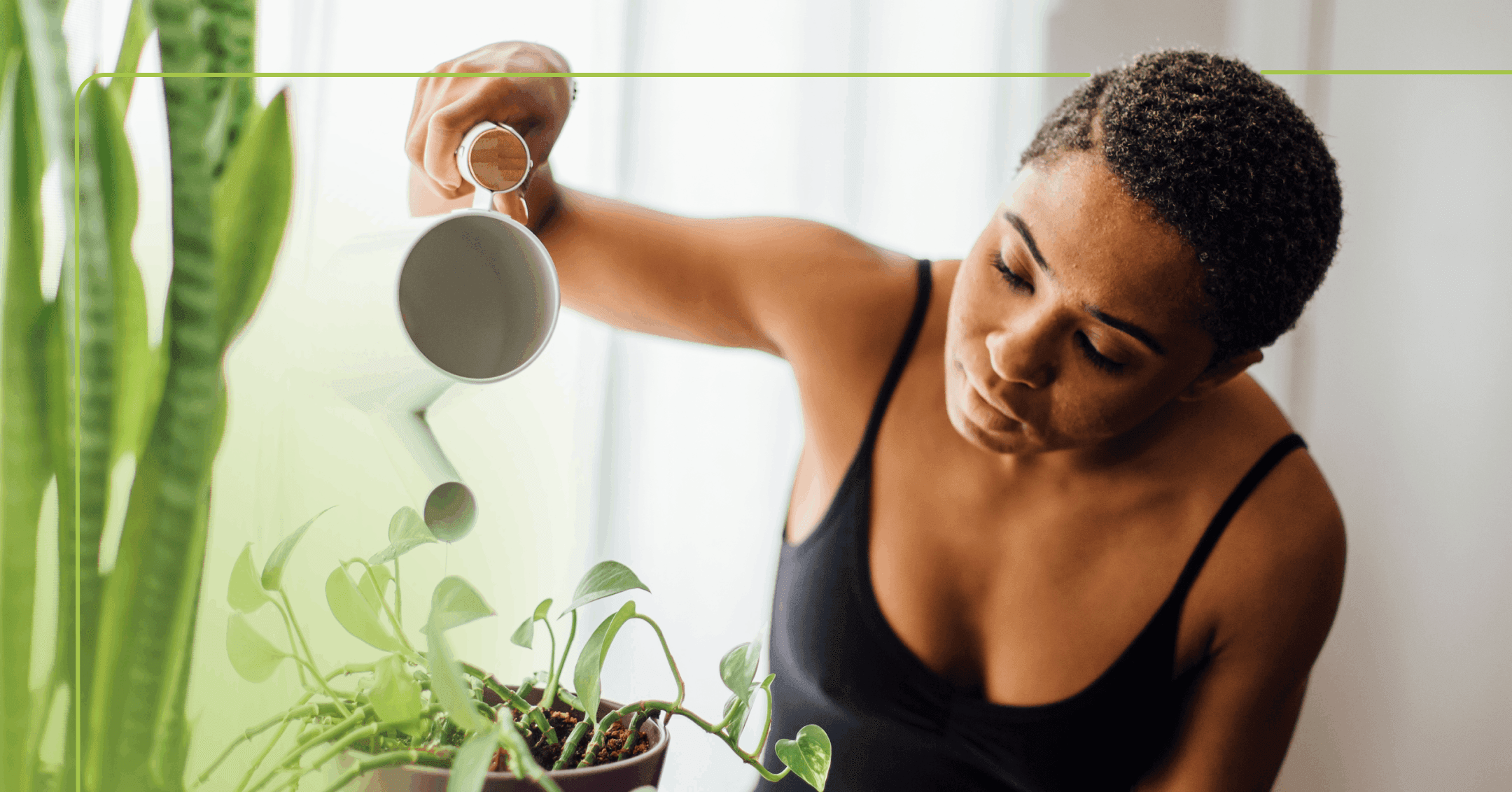woman watering a plant and monitoring her mood