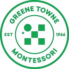 Green circular logo for Greene Towne Montessori, featuring geometric shapes, "EST 1966" text, and name.