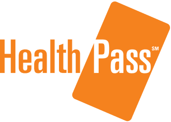 Orange "Health Pass" logo with a tilted rectangle in the background.