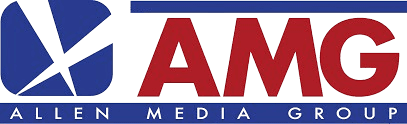 AMG logo featuring a dark blue square with a stylized "A" next to bold red "AMG" text, and "ALLEN MEDIA GROUP" written below in blue letters.