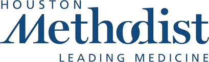 Logo of Houston Methodist with the tagline "Leading Medicine" in dark blue text on a transparent background.