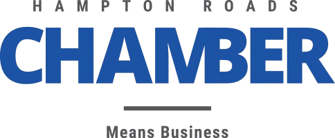 Logo of Hampton Roads Chamber with large blue "CHAMBER" text, smaller black text above and below, reading "Hampton Roads" and "Means Business."