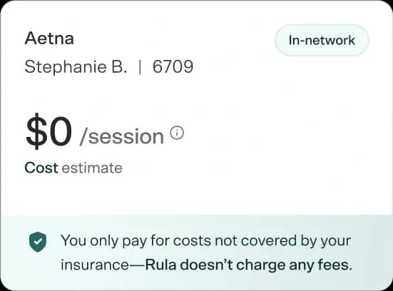 Insurance card showing Aetna, Stephanie B., $0/session cost estimate, and a note about paying only for costs not covered by insurance.