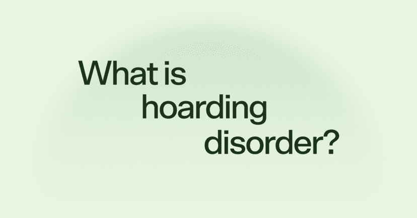 Image shows black text that says what is hoarding disorder in the center of the screen. The text is against a green background. The green is a shade darker on the left side.
