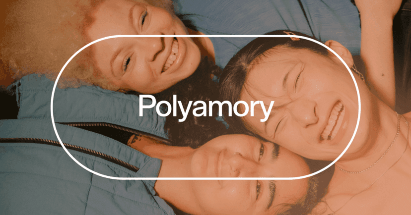 three polyamorous people nurturing each relationship with text 'Polyamory'