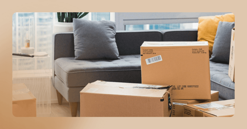 Image of a couch with cluttered cardboard boxes in front of it. The image is framed in light brown.