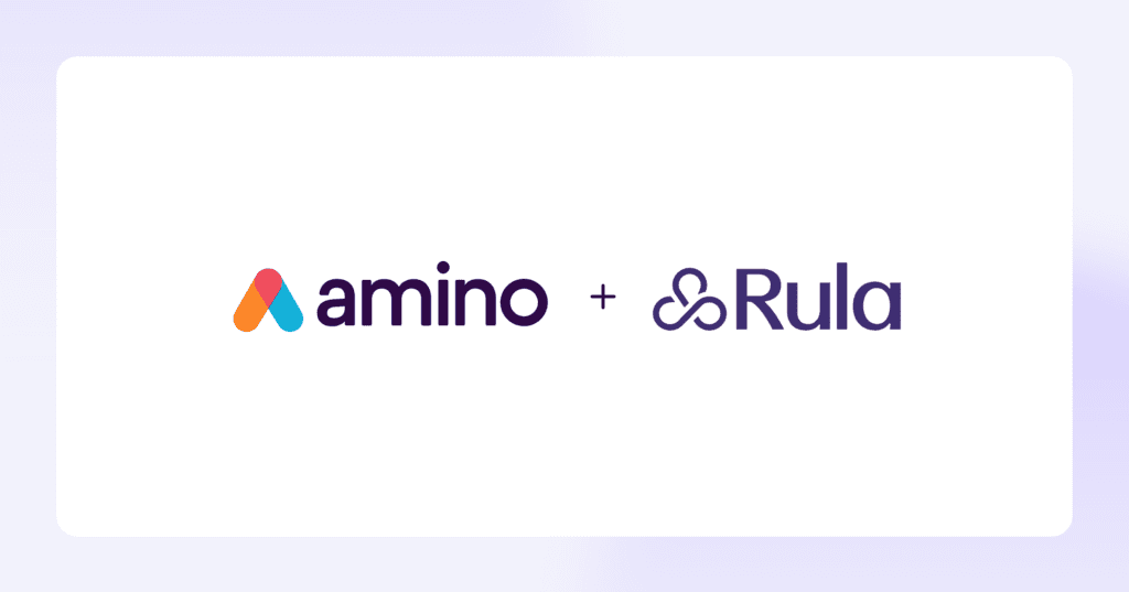 Image showing the Amino and Rula corporate logos with a plus sign in between them. The image is framed in light purple.