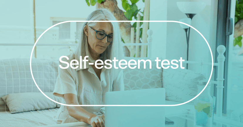 woman thinking about how she feels about herself with text 'Self-esteem test'