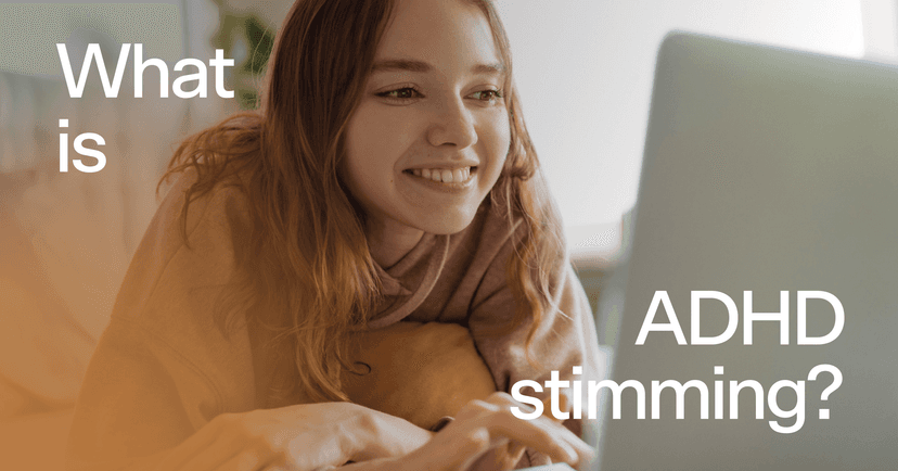 teen girl with ADHD smiling at laptop screen with text 'What is ADHD stimming?'