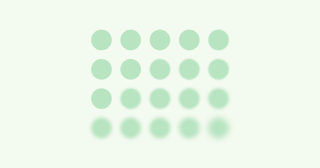 Abstract illustration of 20 dots in an organized grid. The dots go from clear to blurry diagonally from the top left. The dots are green and sit on a light green background.