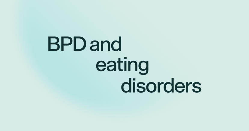Image shows black text that says BPD and eating disorders in the center of the screen. The text is against a blue background. The blue is a shade darker on the left side.