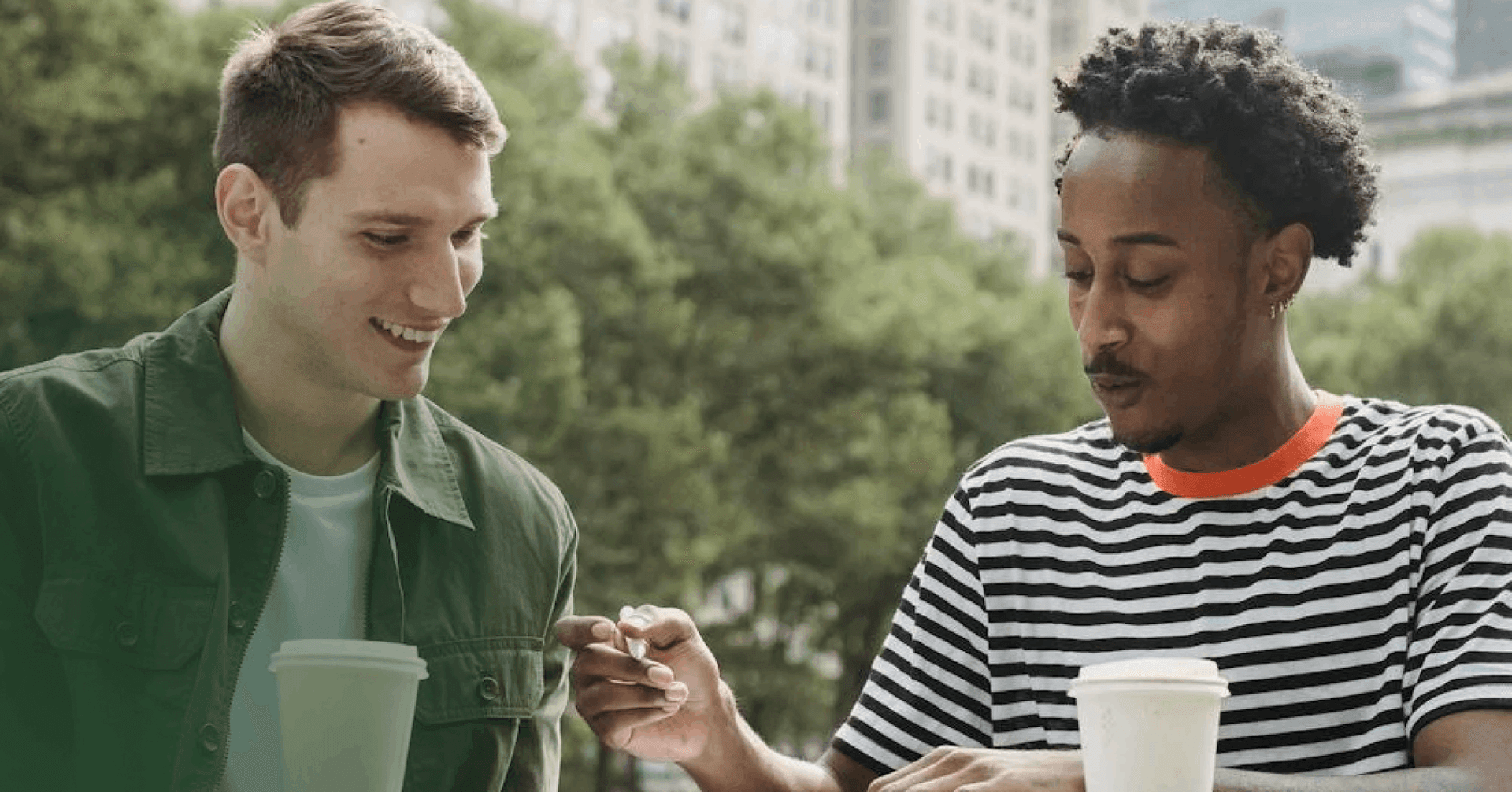 two autistic men having coffee in a comfortable social environment