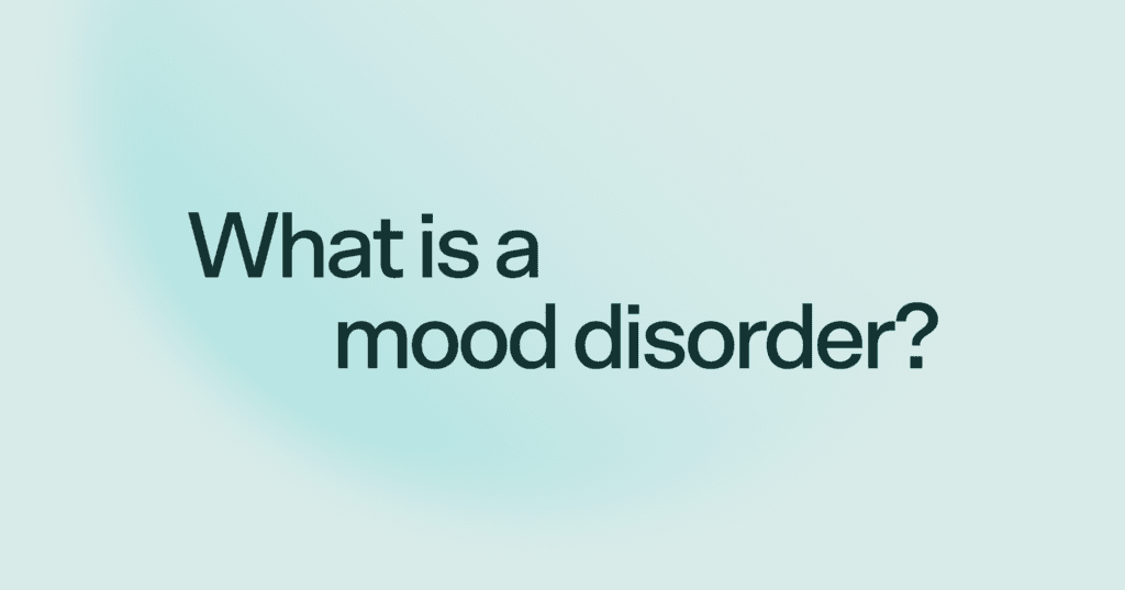 Image shows black text that says what is a mood disorder in the center of the screen. The text is against a blue background. The blue is a shade darker on the left side.