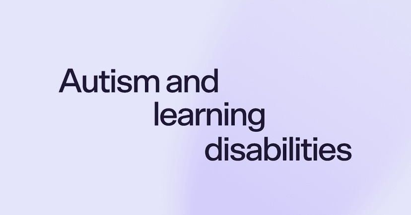 Image shows black text that says autism and learning disabilities in the center of the screen. The text is against a lavender background. The lavender is a shade lighter on the left side.